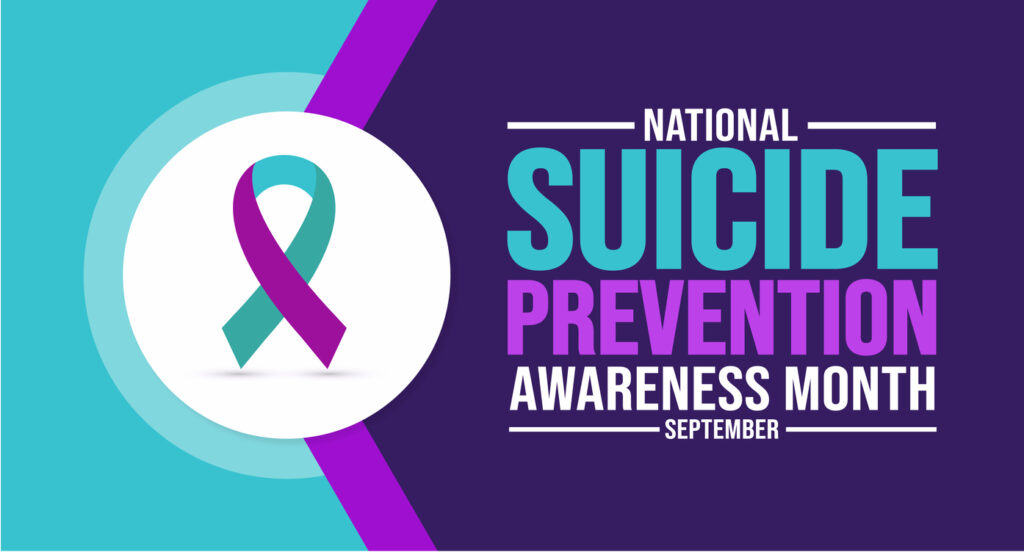 Suicide Prevention Month banner with teal and purple ribbon