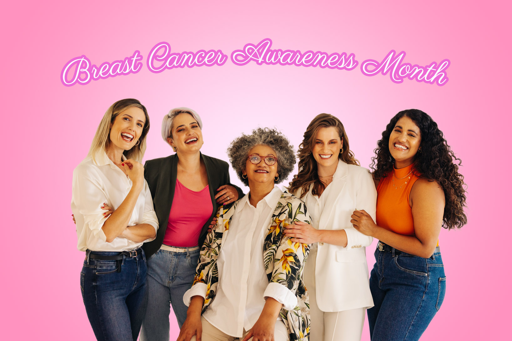 Diverse group of women celebrating Breast Cancer Awareness Month