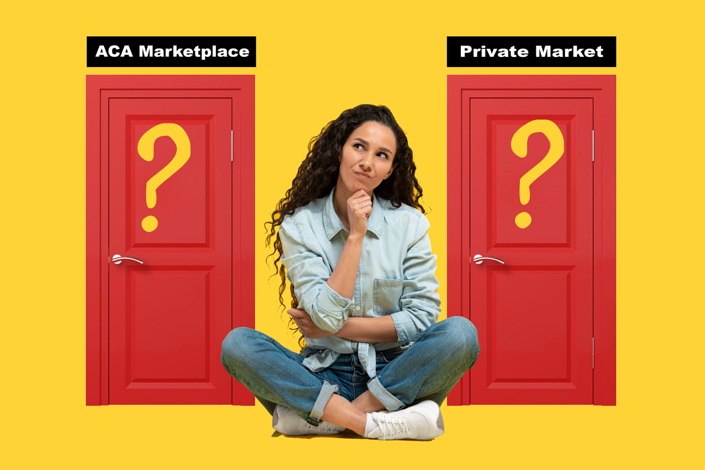young woman sitting in front of two doors and she is deciding which option to choose